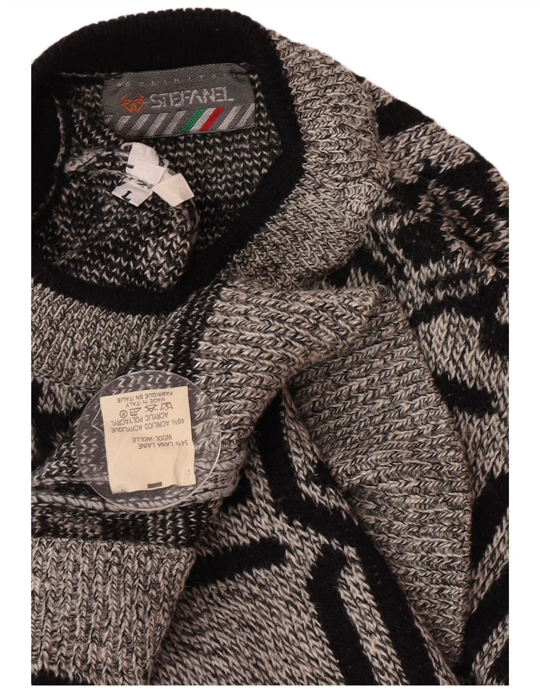 Stefanel Herren-Pullover mit Rundhalsausschnitt, große graue geometrische Wolle