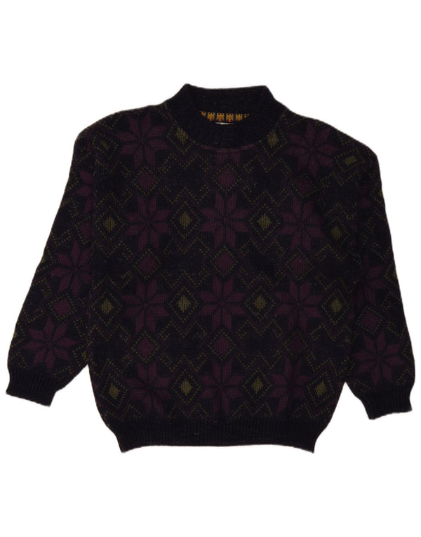 Vintage Damen Rollkragenpullover Pullover UK 16 Große lila geblümte Wolle