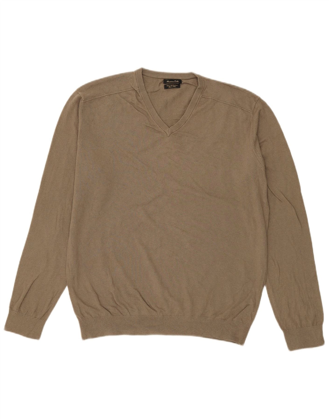 Massimo Dutti Herren-Pullover mit V-Ausschnitt, groß, Khaki, Baumwolle