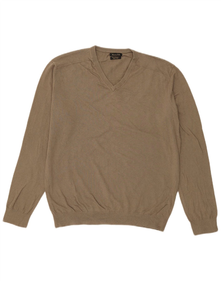 Massimo Dutti Herren-Pullover mit V-Ausschnitt, groß, Khaki, Baumwolle