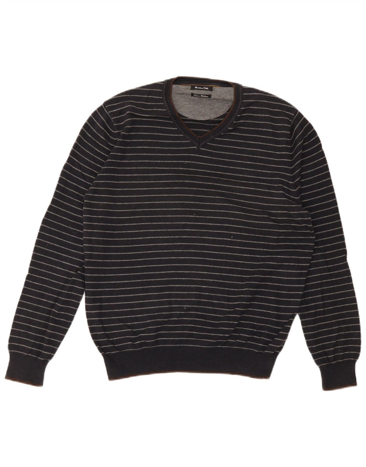 Massimo Dutti Herren-Pullover mit V-Ausschnitt aus mittelblauer, gestreifter Baumwolle