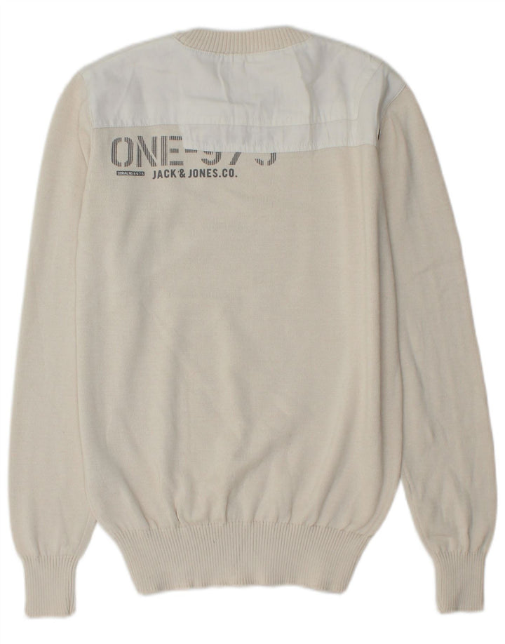 JACK & JONES Herren-Pullover mit grafischem Rundhalsausschnitt, Größe S, gebrochenes Weiß