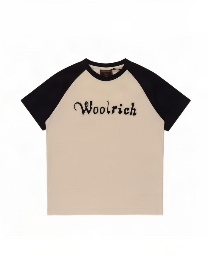 Woolrich Herren-Grafik-T-Shirt-Oberteil aus mittelweißer Colourblock-Baumwolle