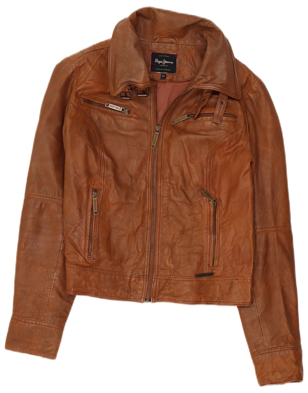PEPE Jeans Damen Crop Lederjacke UK 18 XL Braun