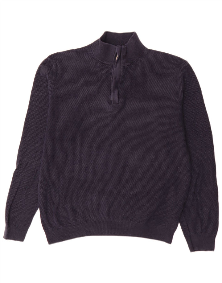 Massimo Dutti Herren-Pullover mit Reißverschluss am Hals, groß, marineblaue Baumwolle