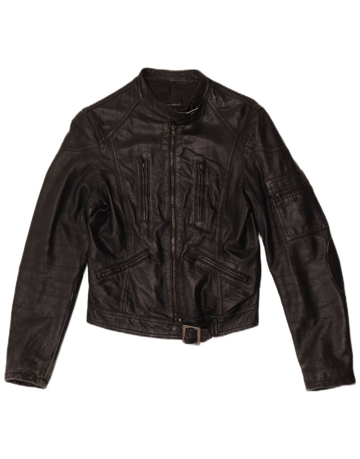 Vintage Damen Crop Leder Bikerjacke UK 10 Kleines schwarzes Leder