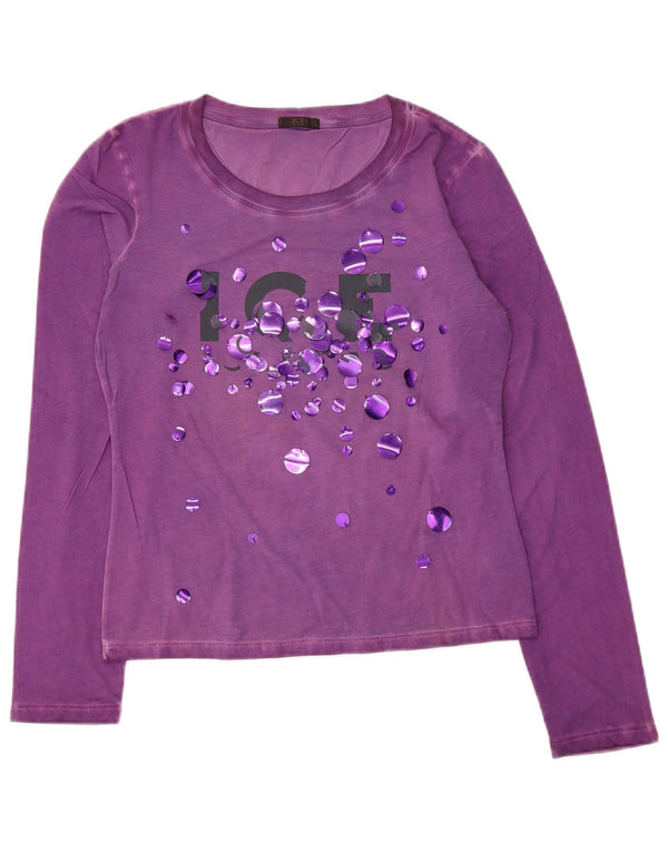 Iceberg Womens Graphic Top Langarm UK 14 Large Lila Baumwolle