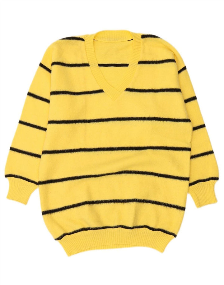 VINTAGE Womens Longline V-Neck Jumper Sweater IT 42 Medium Yellow Striped