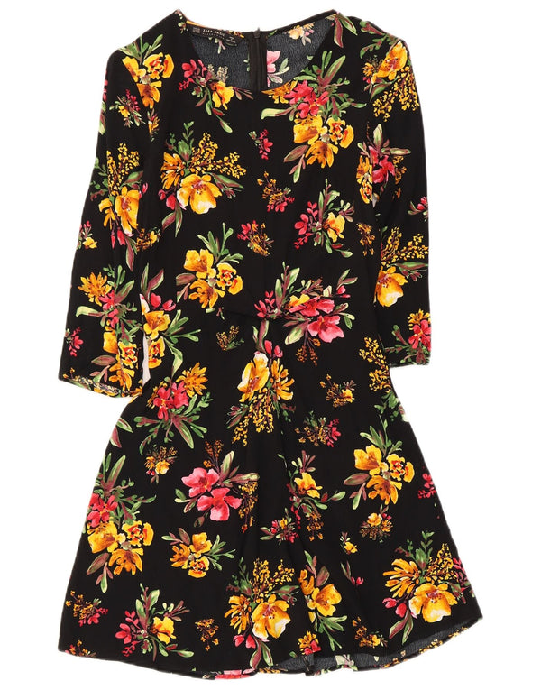 Zara Damen 3/4-Ärmel A-Linien-Kleid UK 4 XS Schwarz geblümte Viskose