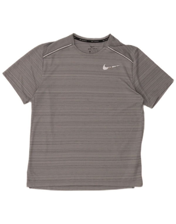 Nike Herren Dri Fit T-Shirt-Oberteil aus mittelgrau gestreiftem Polyester