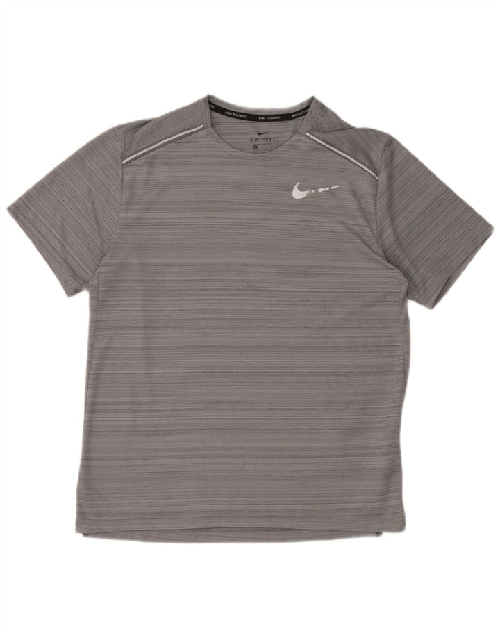 Nike Herren Dri Fit T-Shirt-Oberteil aus mittelgrau gestreiftem Polyester