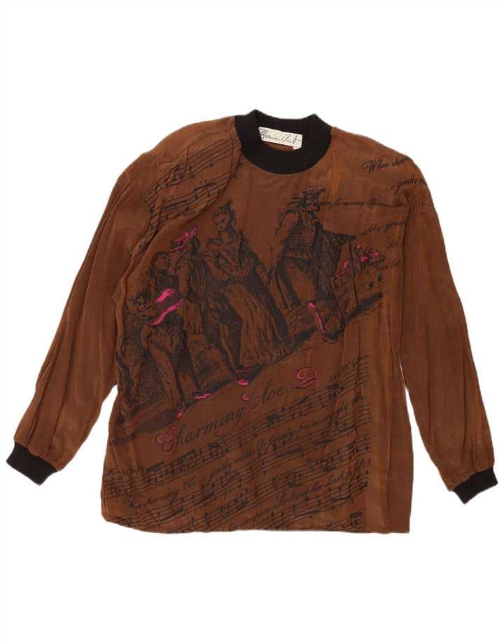 Vintage Damen Grafik Top Langarm EU 42 Große braune Viskose