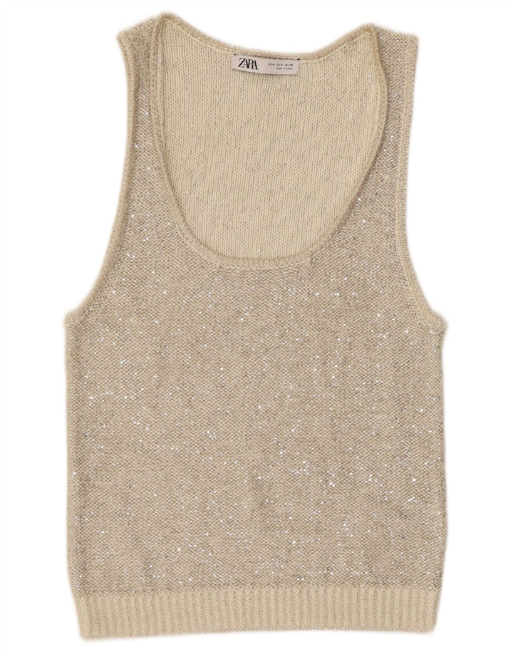 Zara Damen Strickweste Top UK 12 Mittelgraues Polyester