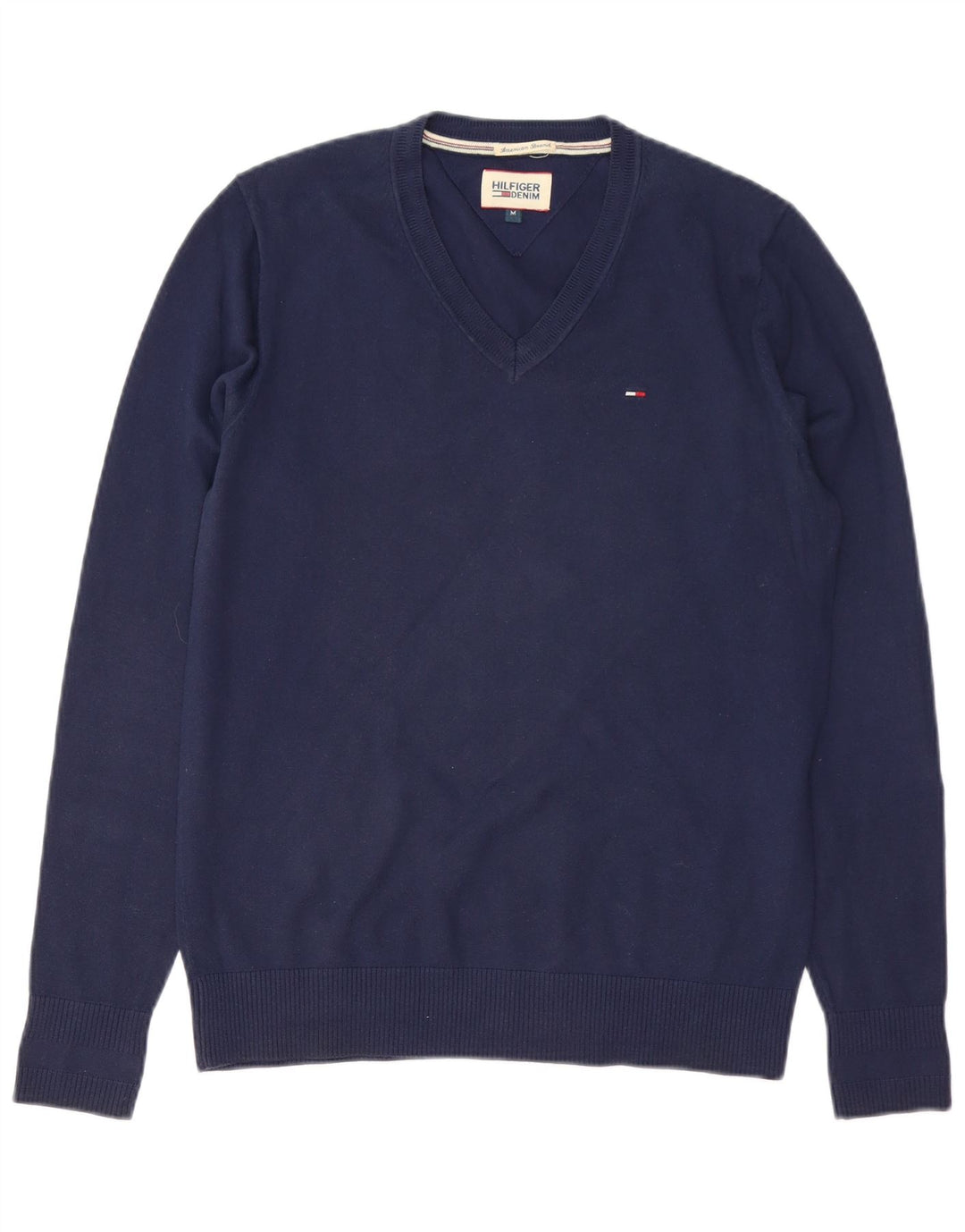 TOMMY HILFIGER Herren-Pullover mit V-Ausschnitt, mittlere marineblaue Baumwolle