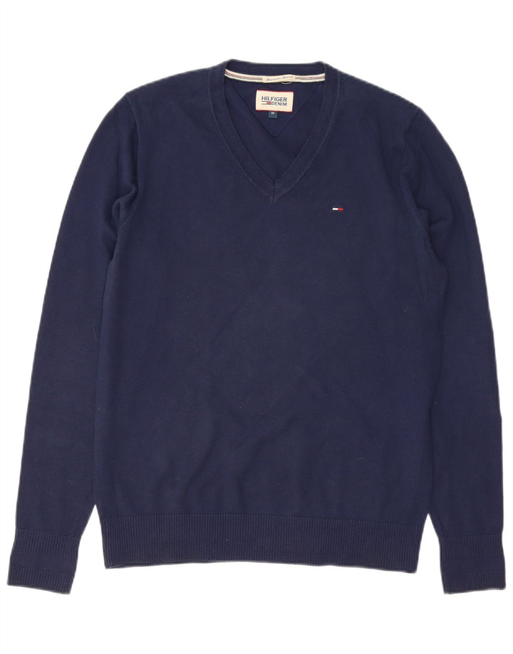 TOMMY HILFIGER Herren-Pullover mit V-Ausschnitt, mittlere marineblaue Baumwolle