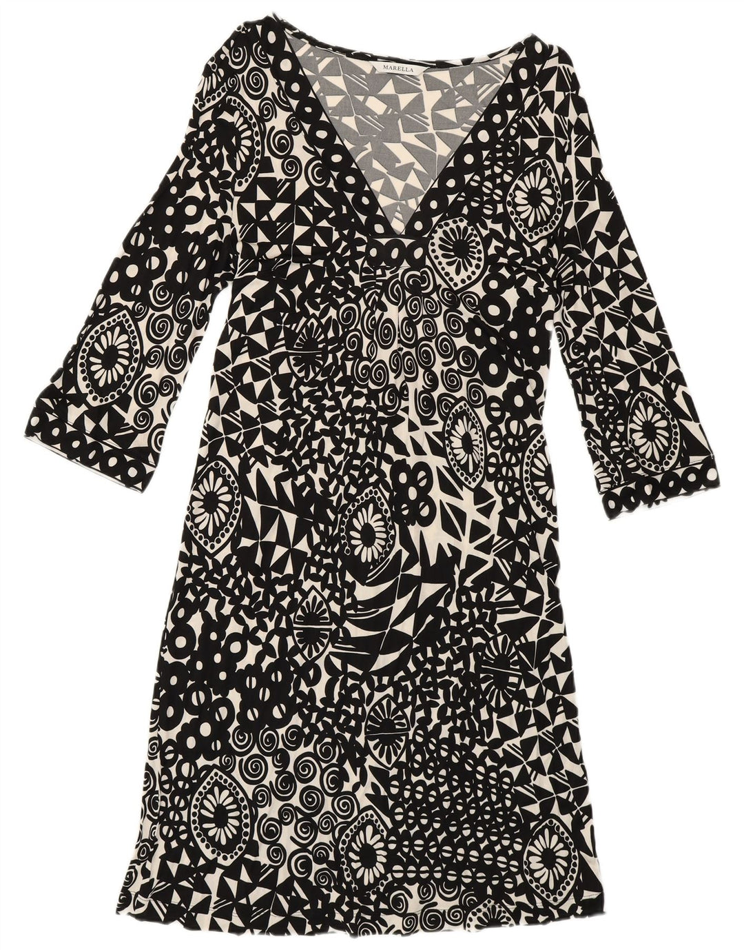 Marella A-Linien-Kleid mit 3/4-Ärmeln für Damen, UK 12, Mittelschwarz, geometrisch
