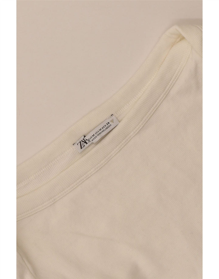 Zara Damen Crop Top Langarm UK 12 Medium Off White