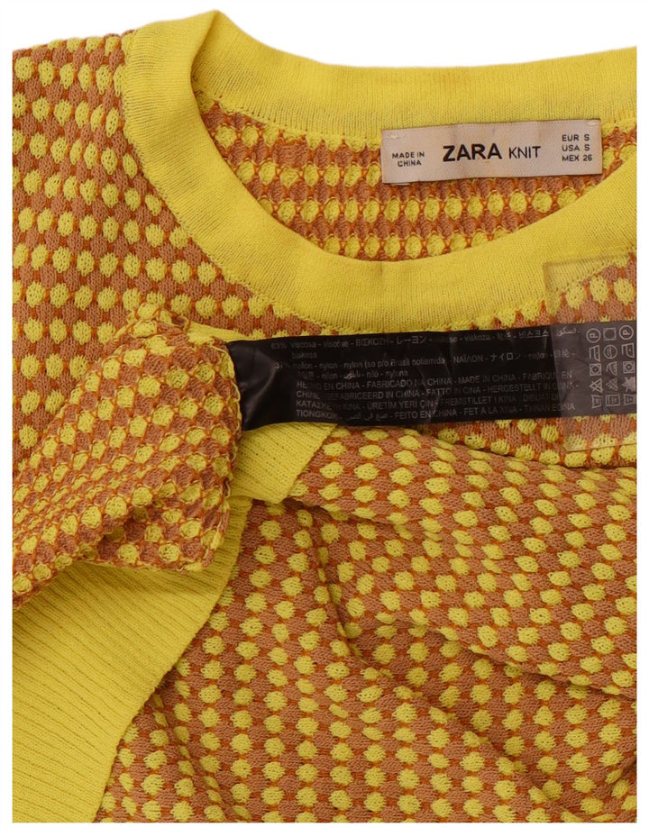 ZARA Damen Crop Pullover mit Rundhalsausschnitt, Gr. 8, klein, gelb, geometrisch