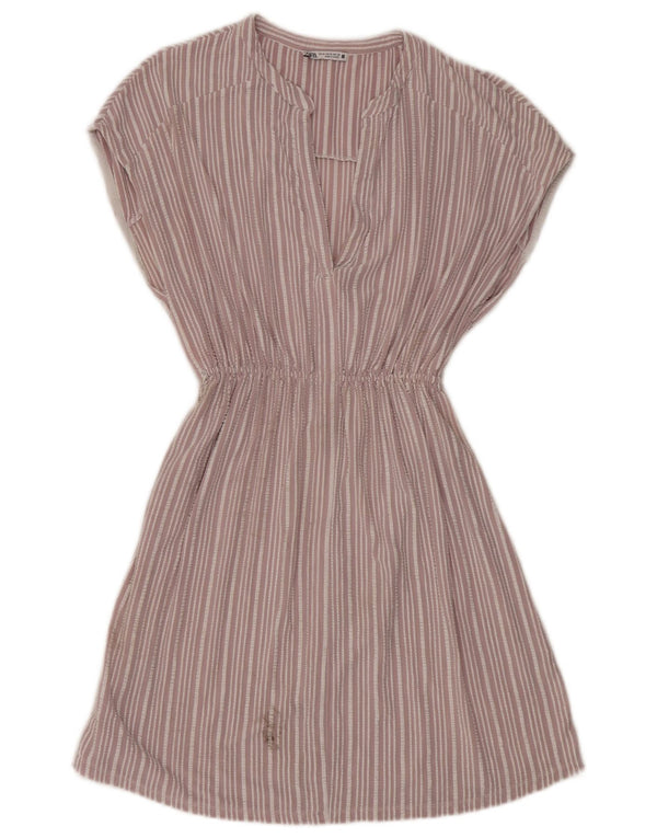 Zara Damen A-Linien-Kleid UK 14 Mittelrosa gestreifte Viskose