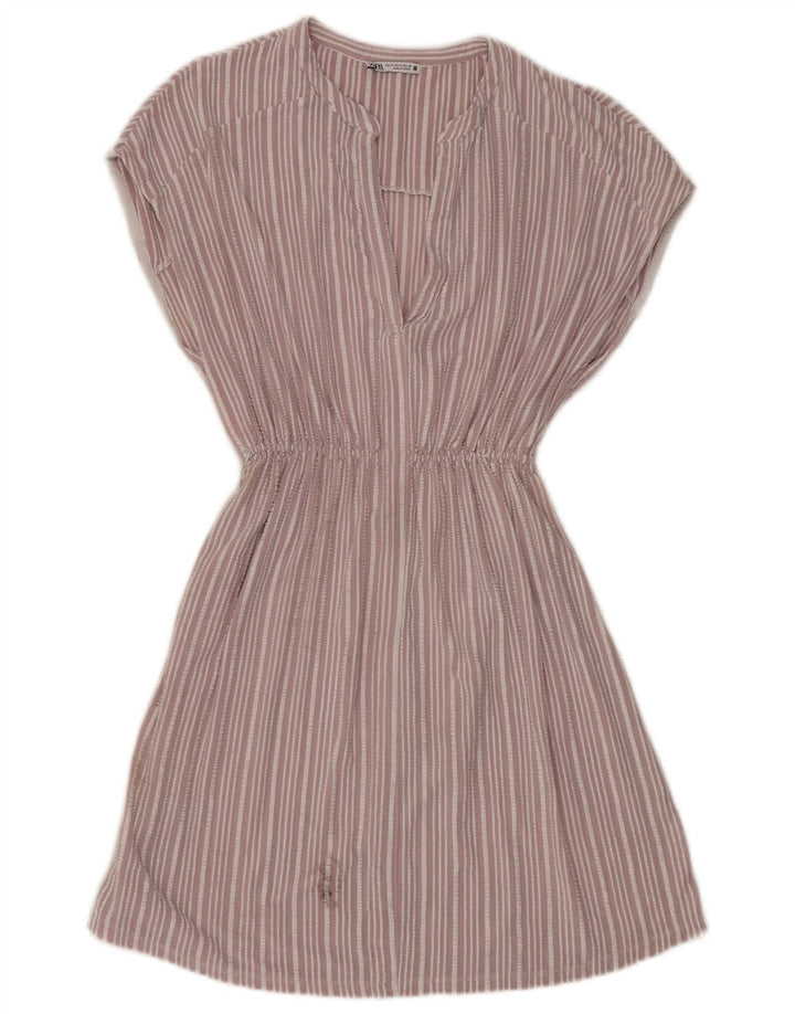 Zara Damen A-Linien-Kleid UK 14 Mittelrosa gestreifte Viskose