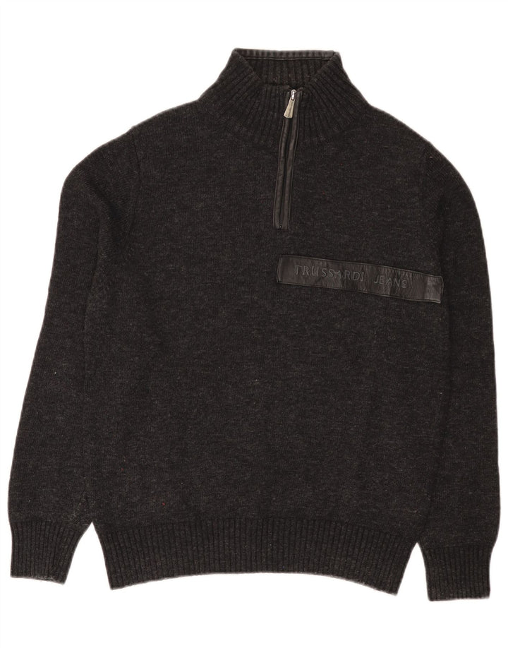 Trussardi Jeans Herren-Pullover mit Reißverschluss am Hals, kleine graue Wolle