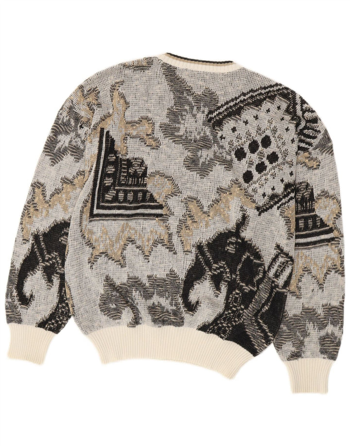 Vintage Herren-Pullover mit Rundhalsausschnitt, mittelgraue geometrische Baumwolle