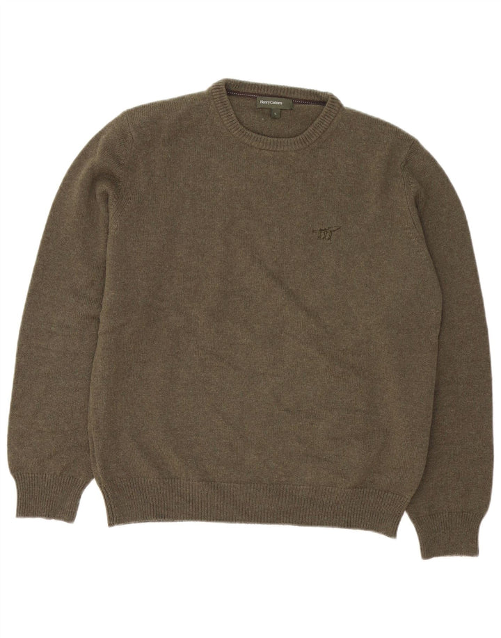 Henry Cottons Herren-Pullover mit Rundhalsausschnitt, groß, Khaki, Schurwolle