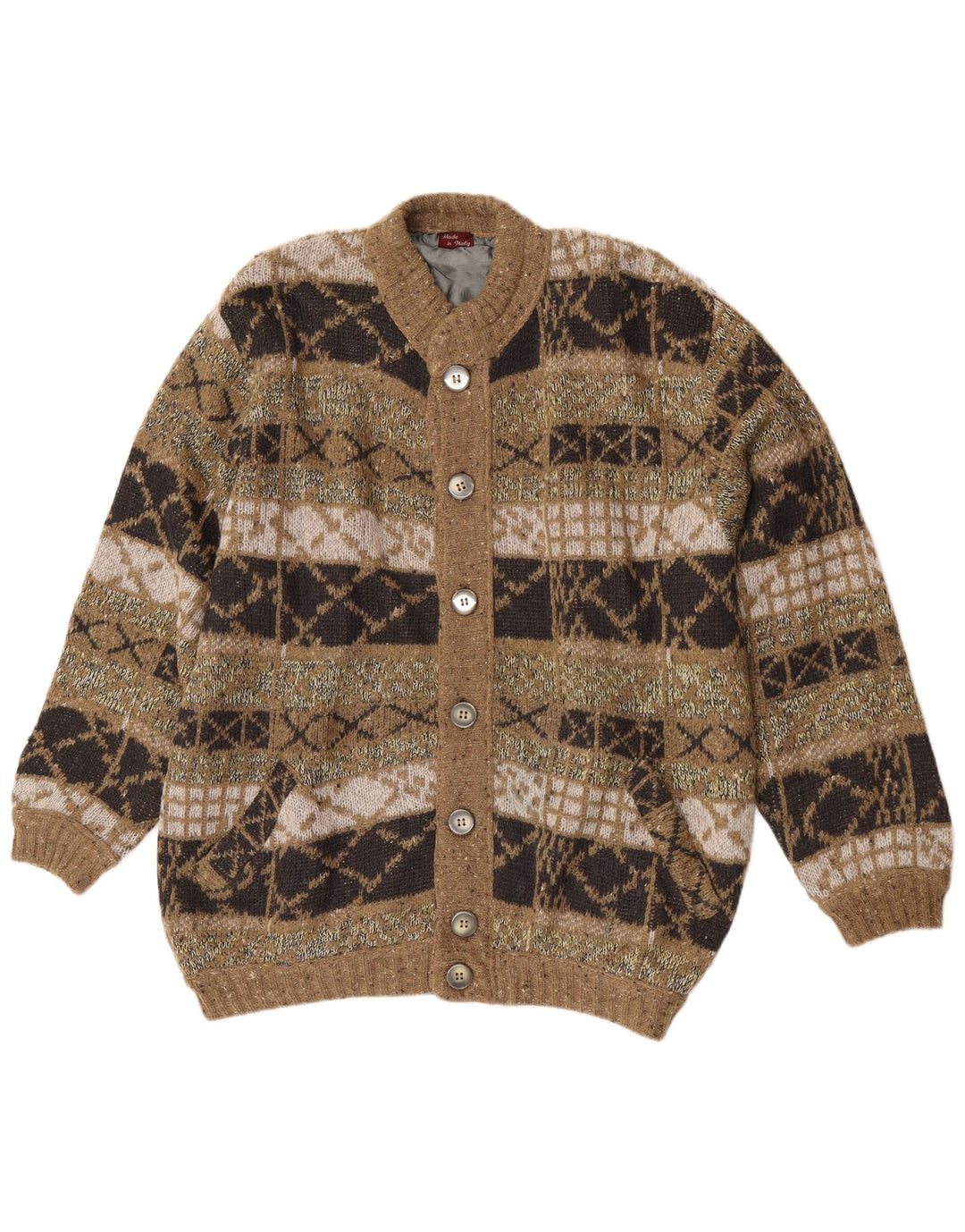 Vintage Herren Loose Fit Strick Bomberjacke IT 48 Mittelgrün Geometrisch