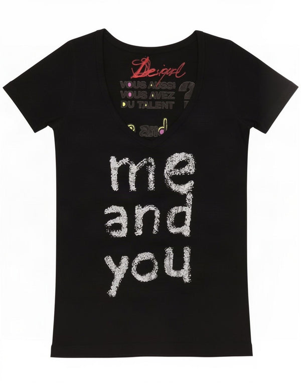 Desigual Damen Grafik T-Shirt Top UK 14 Large Schwarz Viskose