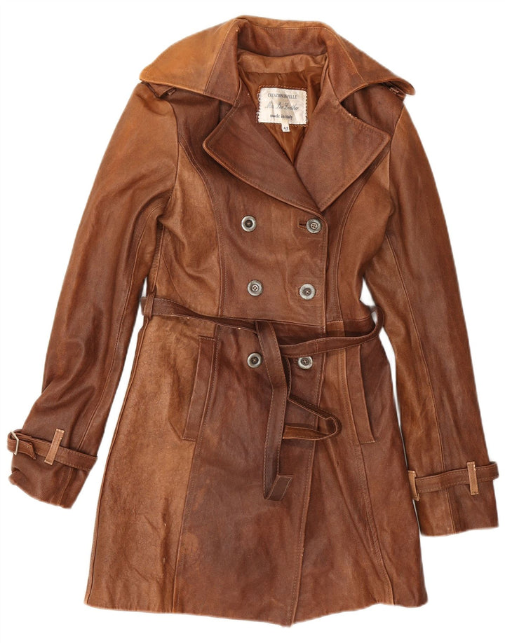 Vintage Damen Zweireihiger Ledermantel IT 42 Mittelbraunes Leder