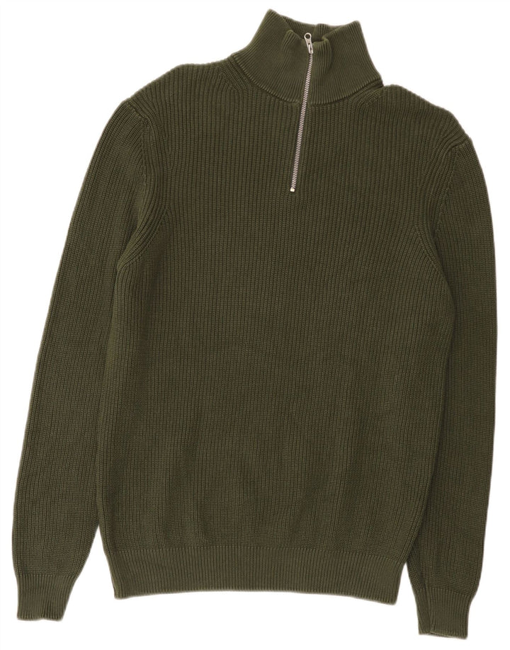 ZARA Herren-Pullover mit Reißverschluss am Hals, groß, grüne Baumwolle