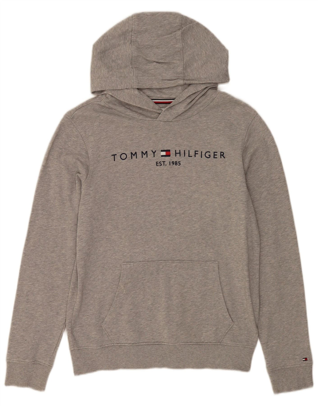 TOMMY HILFIGER Mädchen-Kapuzenpullover mit Grafik, 13–14 Jahre, grau gesprenkelte Baumwolle