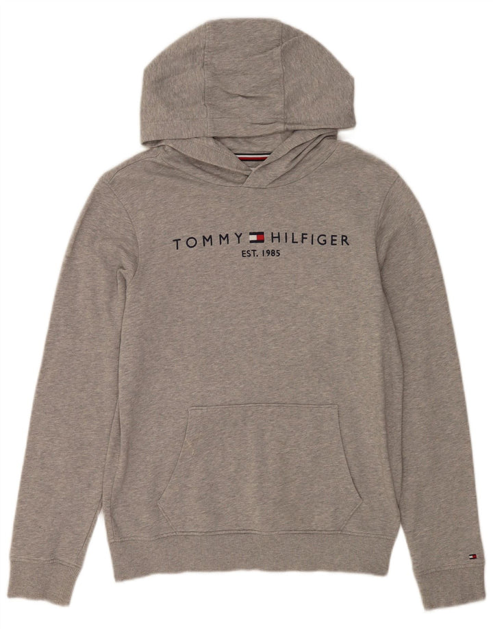 TOMMY HILFIGER Mädchen-Kapuzenpullover mit Grafik, 13–14 Jahre, grau gesprenkelte Baumwolle