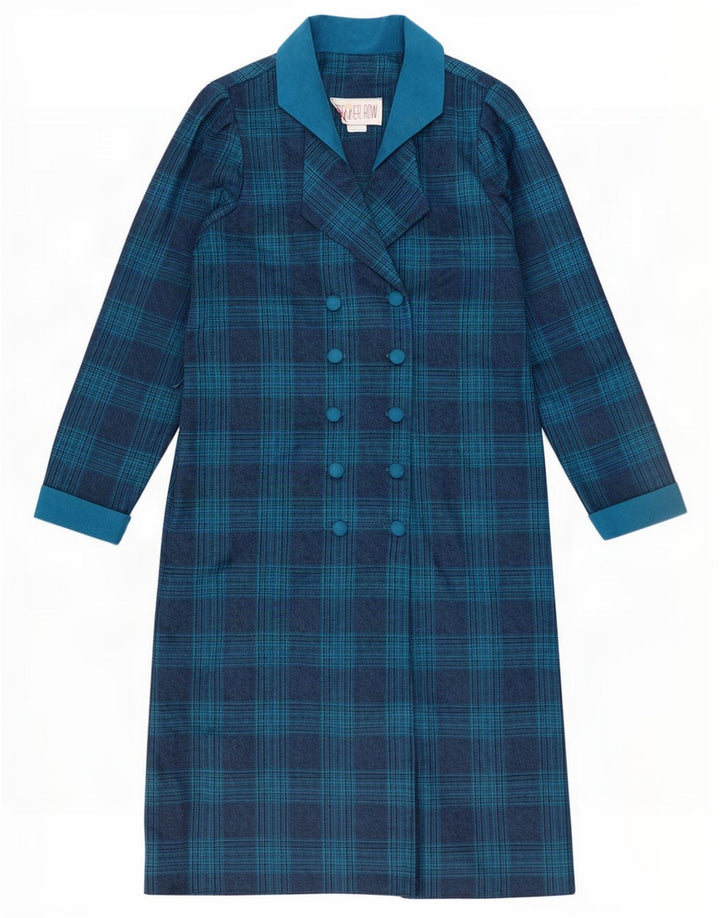 Vintage Damen Zweireihiges Etuikleid UK 14 Mittelblau kariert
