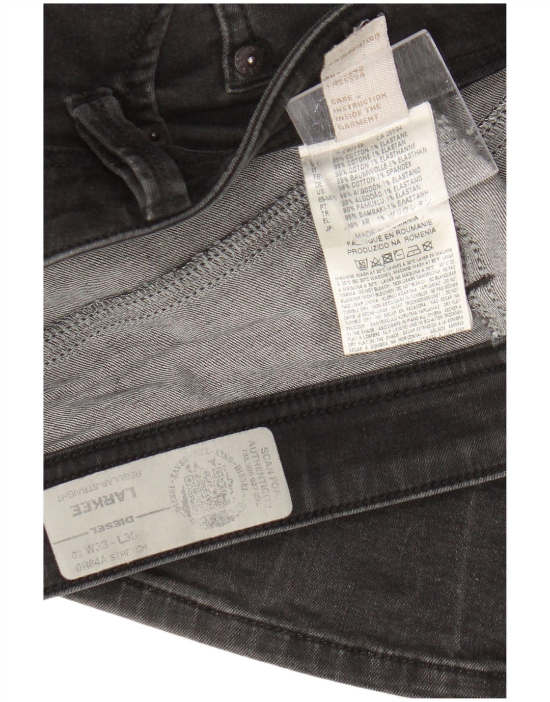 Diesel Herren Larkee Regular Straight Jeans W33 L30 Schwarze Baumwolle