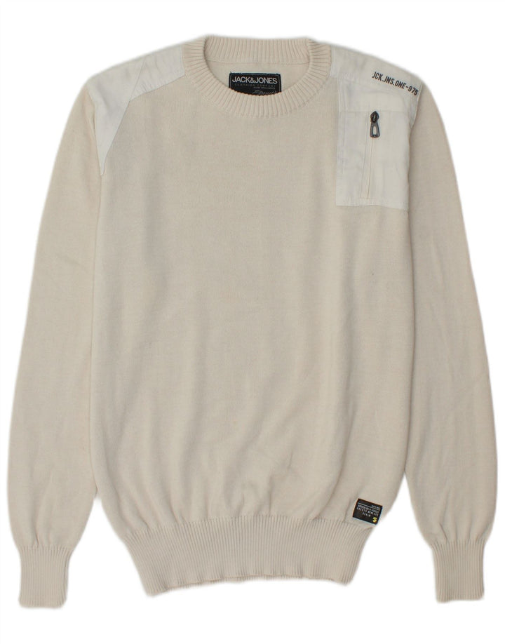 JACK & JONES Herren-Pullover mit grafischem Rundhalsausschnitt, Größe S, gebrochenes Weiß