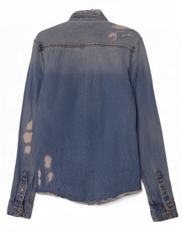 Zara Herren Jeanshemd im Distressed-Look, entspannte Passform, klein, aus blauer Baumwolle