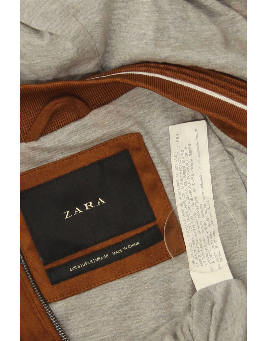 Zara Herren-Bomberjacke mit Kapuze, UK 36, Größe S, braun, Polyester