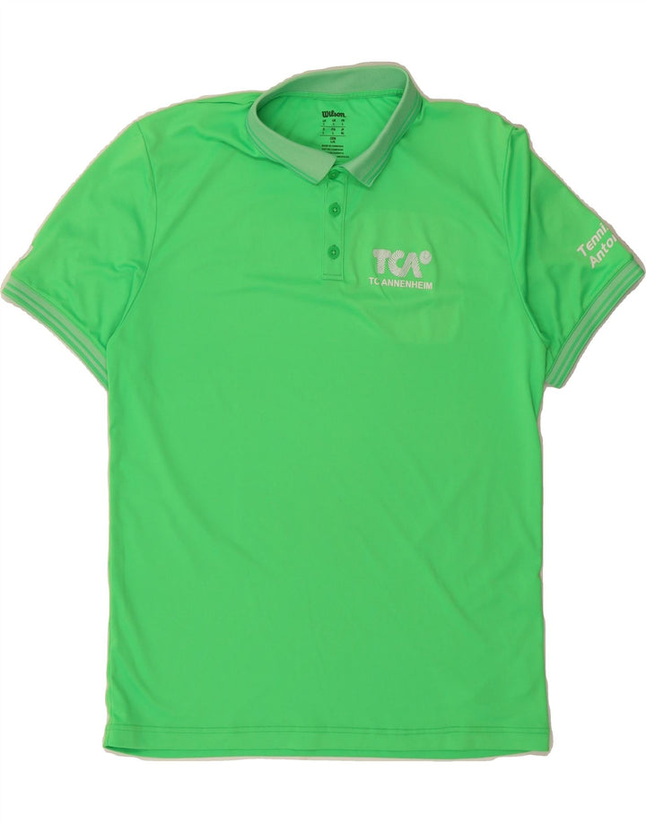 WILSON Mens Graphic Polo Shirt Large Green Polyester Vintage Wilson and Second-Hand Wilson from Messina Hembry 