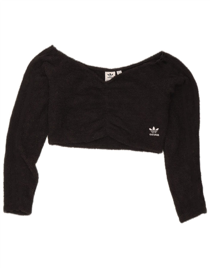 Adidas Damen Off Shoulder Fleece Crop Top UK 14 Medium Schwarz Polyester