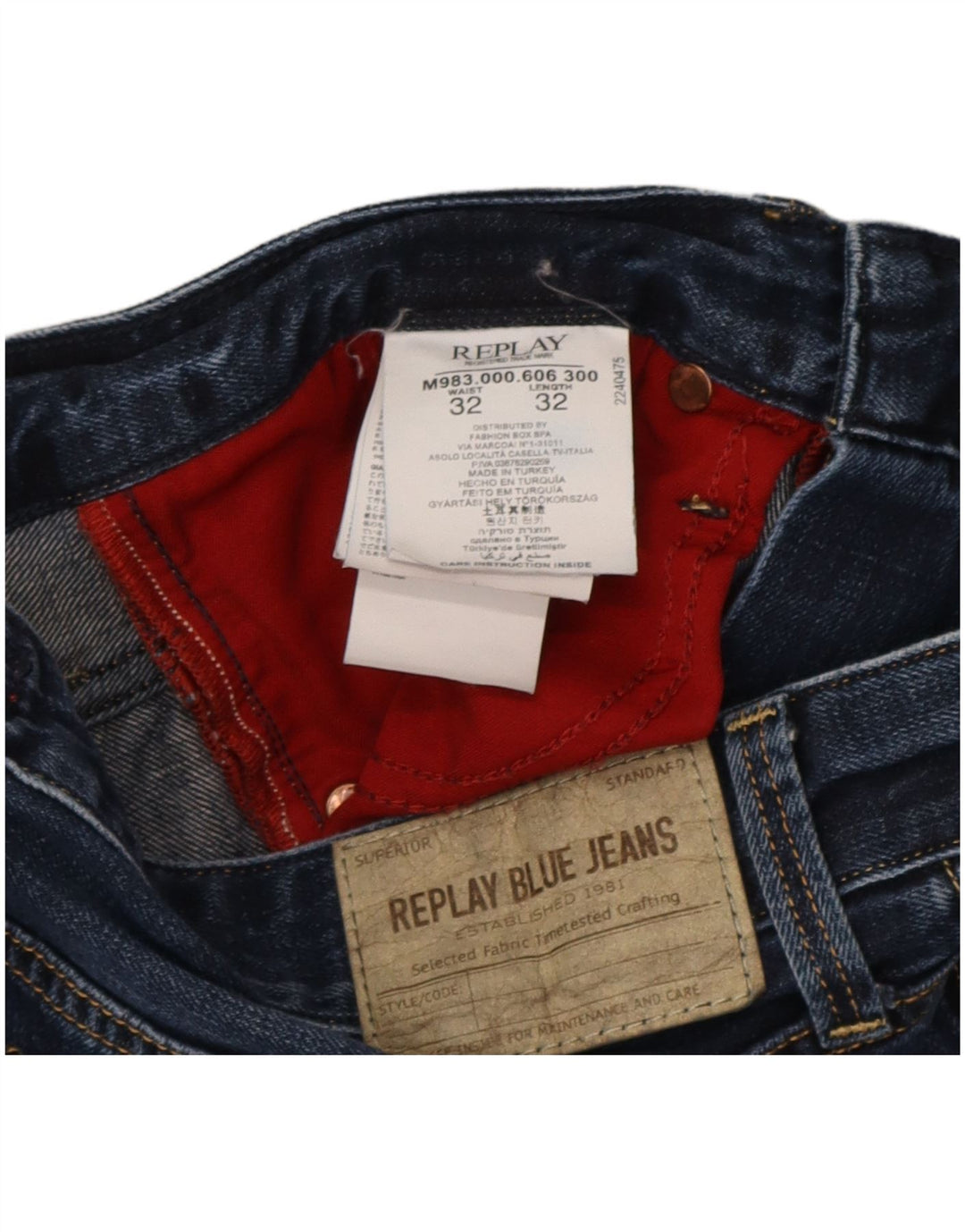 Replay Herren Straight Jeans W32 L32 Marineblaue Baumwolle