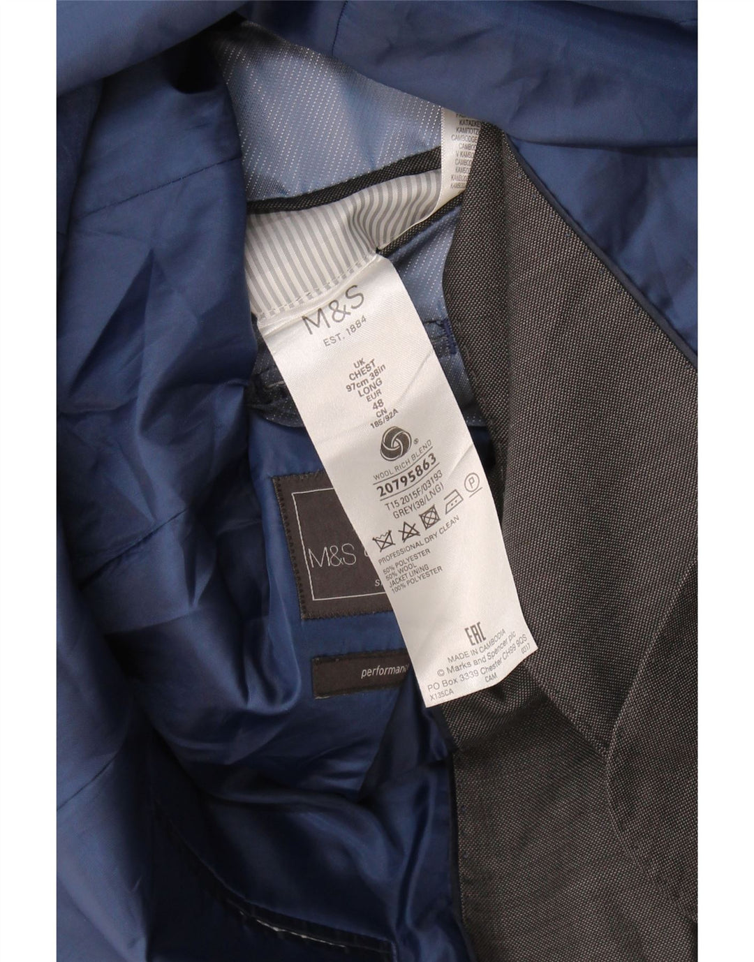 Marks & Spencer Herren-Blazer mit 2 Knöpfen, EU 48, mittelgraues Polyester