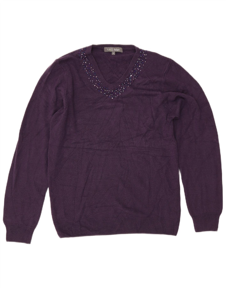 Marks & SPENCER Herren-Pullover mit V-Ausschnitt, klein, Acryl, Lila