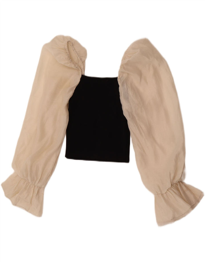 Zara Damen Langarm-Crop-Top UK 12 Mittelschwarz Farbblock