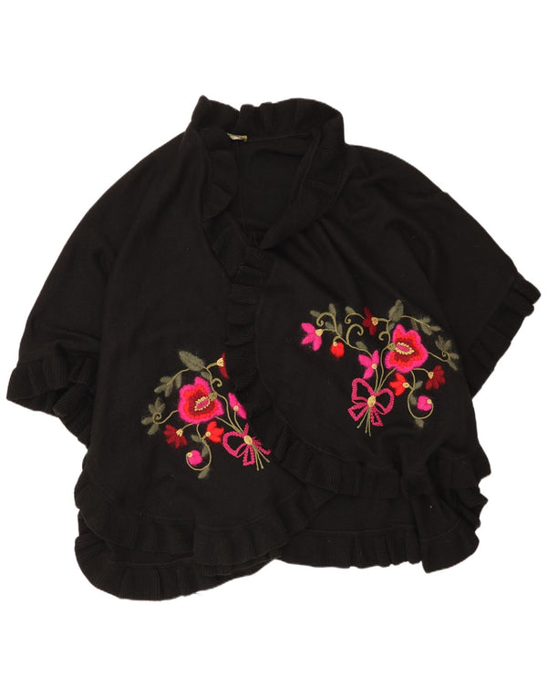 Vintage Damen Cape Cardigan Pullover Einheitsgröße Schwarz geblümte Merinowolle