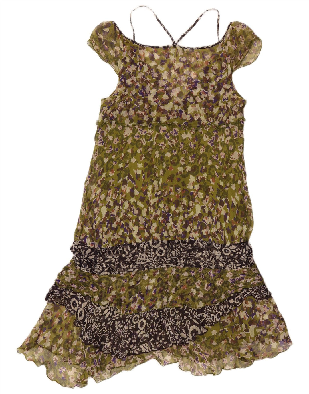 Liu Jo Ärmelloses, gestuftes Damenkleid IT 44 aus mittelgrüner, geblümter Seide