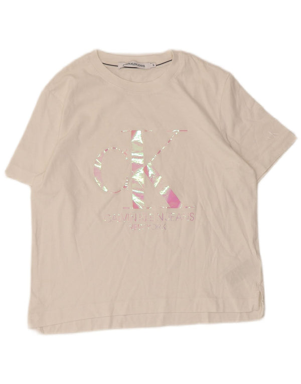 Calvin Klein Jeans Damen Grafik-T-Shirt Top UK 10 Small Weiße Baumwolle
