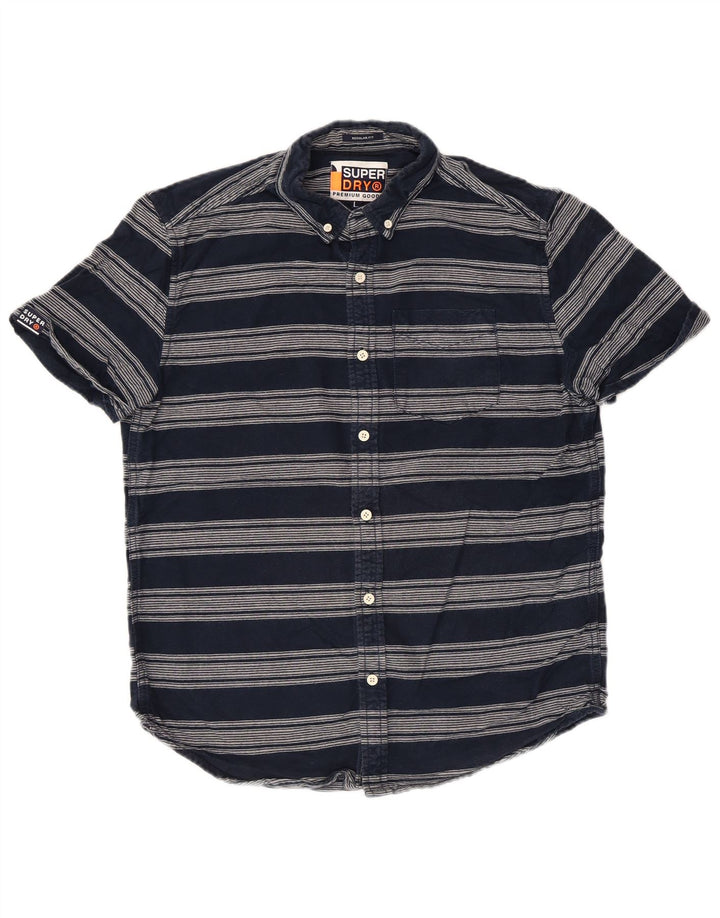 Superdry Herren-Kurzarmhemd, groß, marineblau, gestreift, Baumwolle