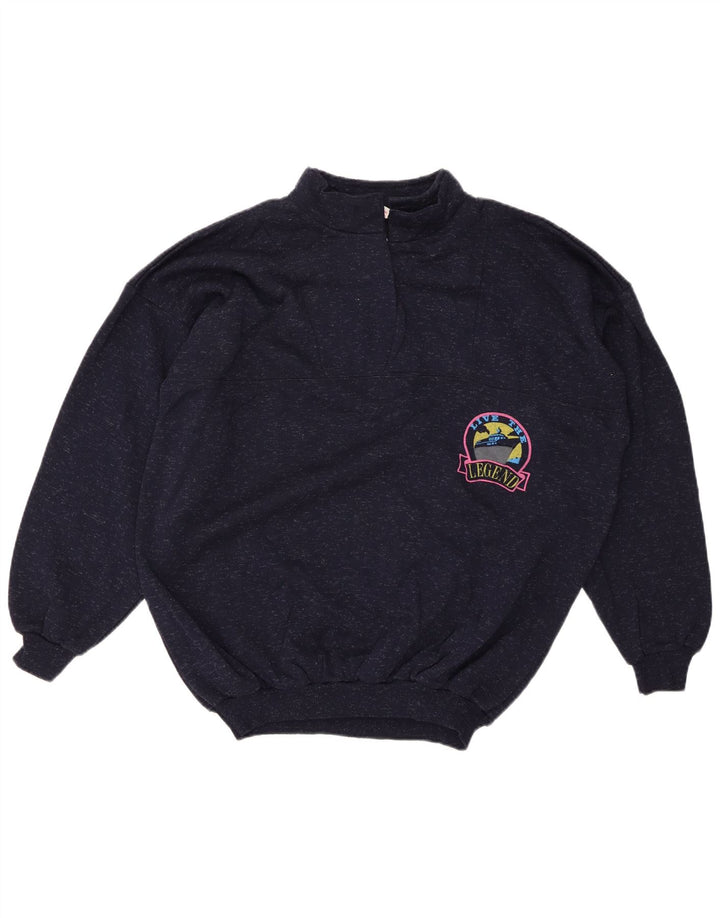 VINTAGE Damen-Pullover mit Reißverschluss am Hals, UK 20 2XL, marineblau gefleckte Baumwolle