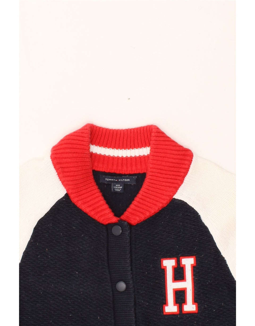 TOMMY HILFIGER Womens Graphic Knit Bomber Jacket UK 2 2XS Navy Blue Vintage Tommy Hilfiger and Second-Hand Tommy Hilfiger from Messina Hembry 